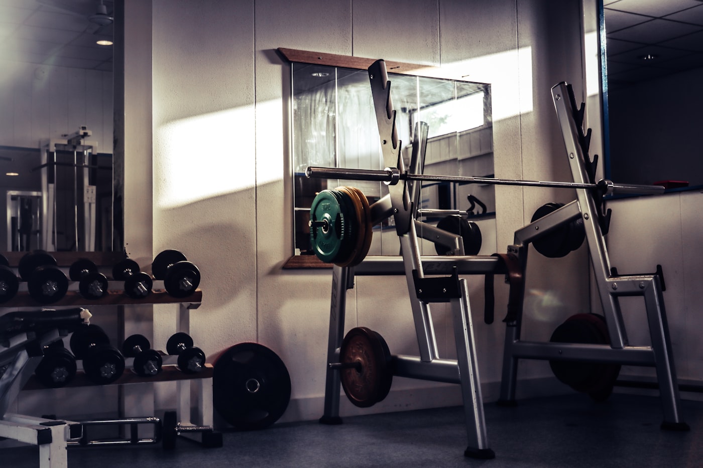 Loaded barbell and plates on a rack